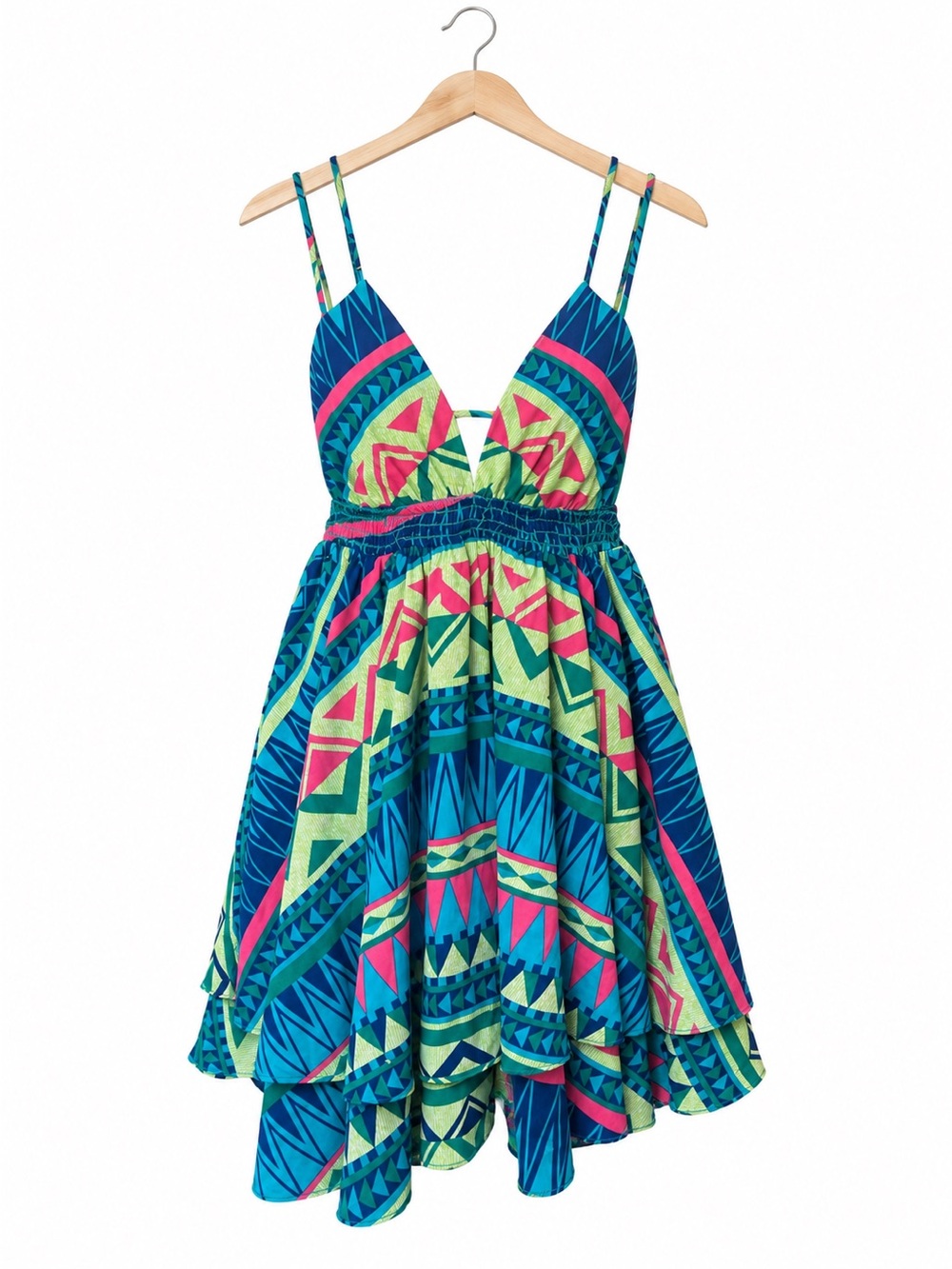 Voom Joy Han VTG Y2K Geometric Aztec Mini Dress Small Boho Tribal Smocked Tiered